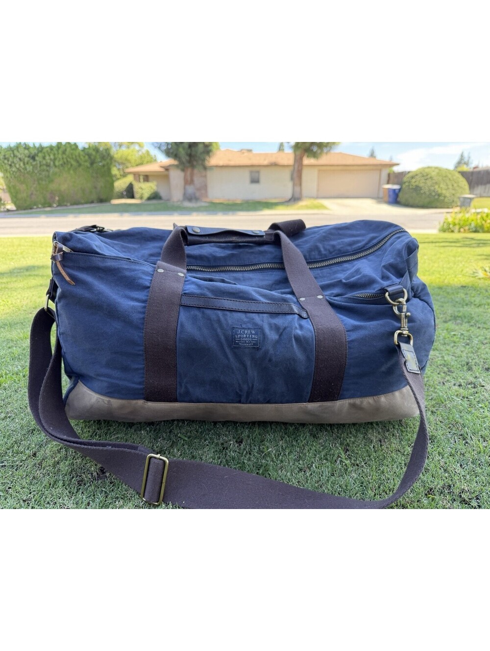 J.Crew Sporting Goods Blue Waxed Canvas Duffle Bag Weekender Travel Luggage